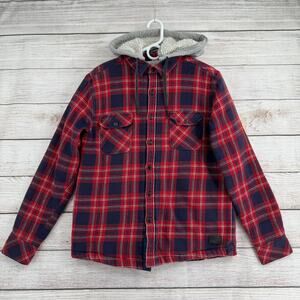 Billabong Sherpa Lined Plaid Flannel Shacket Jacket Mens Large Red Blue Hooded